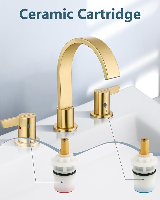 Aolemi Bathroom Faucets 3 Hole,8 Inch Widespread Waterfall Bathroom Sink Faucet,2 Handles Vanity Faucet with Pop-up Drain and Supply Hose,Brushed Gold
