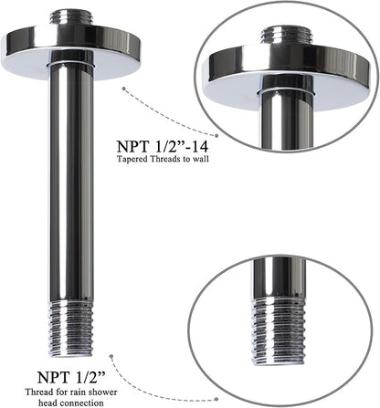 8 Inch Shower Arm with Flange, Ceiling Mounted Shower Head Extension Arm, 1/2 NPT Straight Arm for Rain Shower Head, Stainless Steel Shower Head Extension Replacement Pipe Arm,Chrome