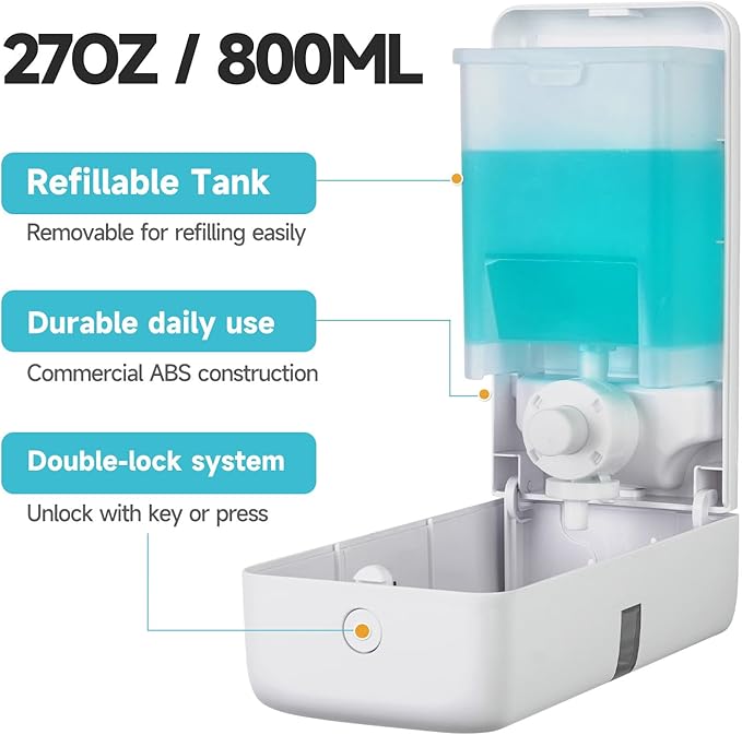 AIKE Wall Mount Liquid Soap Dispenser, 27oz Large Capacity with Extended Pump for Commercial Bathrooms,AK1008(White)