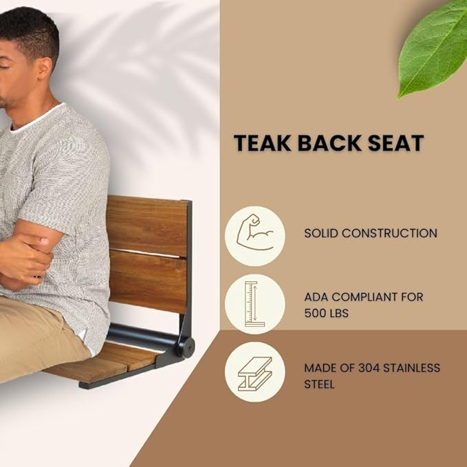 Walnut Shower Seat - Contour Wood / Folding Wall Mount Bench for Inside Shower / ADA Safety Aid / 304 Stainless Steel / Matte Black / 26" x 16"