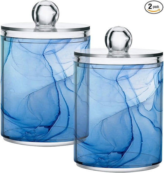 MNSRUU 2 Pack Qtip Holder Organizer Dispenser Blue Marble Fluid Art Bathroom Storage Canister Cotton Ball Holder Bathroom Containers for Cotton Swabs/Pads/Floss