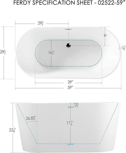FerdY Shangri-La 59" Acrylic Freestanding Bathtub, Classic Oval Shape Acrylic freestanding tub Modern White, cUPC Certified, Chrome Drain and Classic Slotted Overflow Included