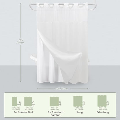 Inhousolu Stall No Hook Shower Curtain with Snap in Fabric Liner Set Waffle Weave 230GSM Weighted Hem, Waterproof & Washable Bathroom Curtain Spa Luxury with Mesh Top Window 36" W x 72" L White
