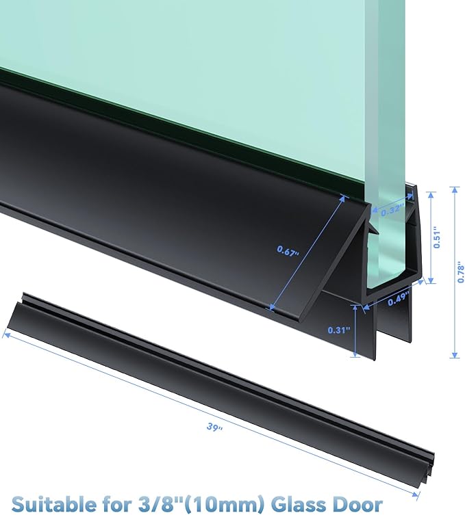 Shower Door Bottom Seal Strip, 2PCS Seal Strip, Clear PVC, 36" Length, Fits 10mm Thick Glass, Prevents Leaks, Easy Installation, No Adhesive Required (Black, 39in for 3/8"(10mm) Door)