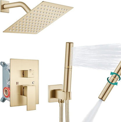 Aolemi Shower Faucet Set, High Pressure Shower System with 2-in-1 Handheld Sprayer, Wall Mount Fixture Combo with Rough-in Valve, 8 Inch Shower Head, Brushed Gold