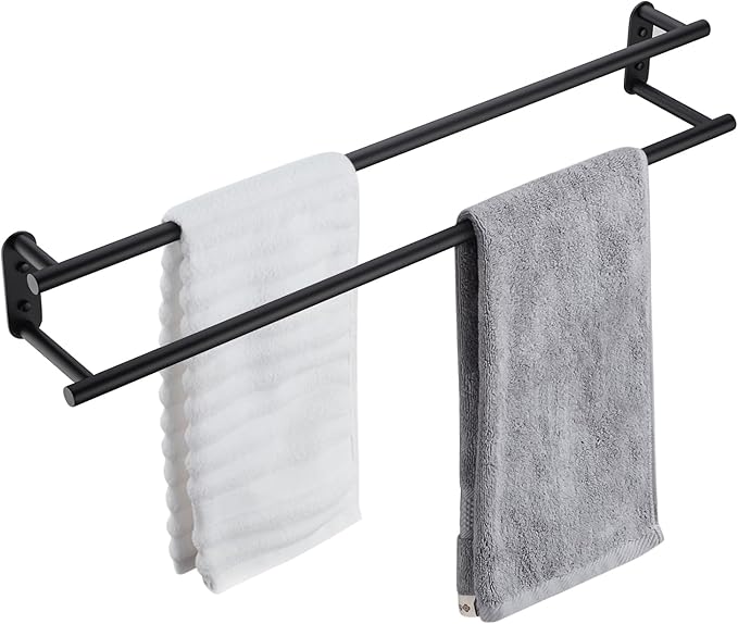 BAGNOLUX Double Towel Bar, SUS304 Towel Racks for Bathroom Wall Mounted 2-Tiers Ladder Towel Rails, Space Saving Bathroom Towel Holder Shelves Rack, Long Towel Hanger (32“-Round-Matte Black)