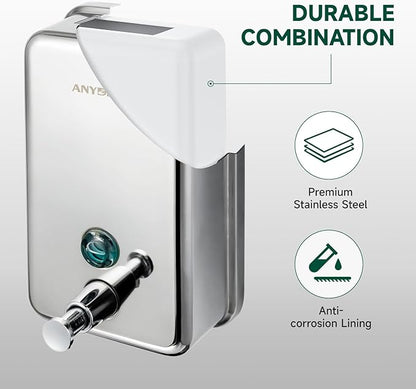 Commercial Manual Soap Dispenser, Durable Polished Stainless Steel Finish, 37oz (1100ml) Liquid, Wall-Mounted for Bathroom & Kitchen