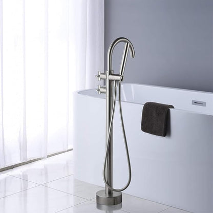 Tub Filler Freestanding Bathtub Faucet Brushed Nickel Floor Mount Brass Faucets with Hand Shower