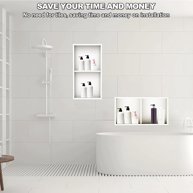 304 Stainless Steel Shower Niche Insert-Glossy White 24 x 12" No Tile Needed Bathroom Niche for Shower Wall-Double Shelves Built in Shower Shelf-Waterproof Recessed Cabinet for Bathroom Living Room