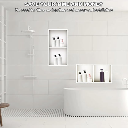 304 Stainless Steel Shower Niche Insert-Glossy White 24 x 12" No Tile Needed Bathroom Niche for Shower Wall-Double Shelves Built in Shower Shelf-Waterproof Recessed Cabinet for Bathroom Living Room
