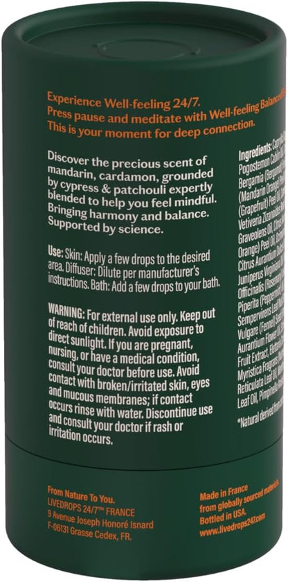 LIVEDROPS 24/7 Balanced Essential Oil Blend Mandarin Cardamom Cypress Patchouli | Aromatherapy for Calm, Harmony & Grounding | Skin-Safe Diffuser Oil | Vegan French Perfumers Clinically Tested 10ml