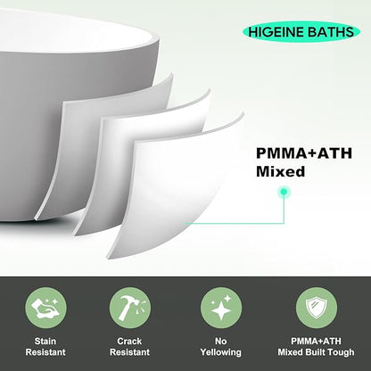67" Upgraded Modern Solid Surface Free Standing Tub, Unique Matte White Stone Resin Soaker Tubs with Pop-up Drain