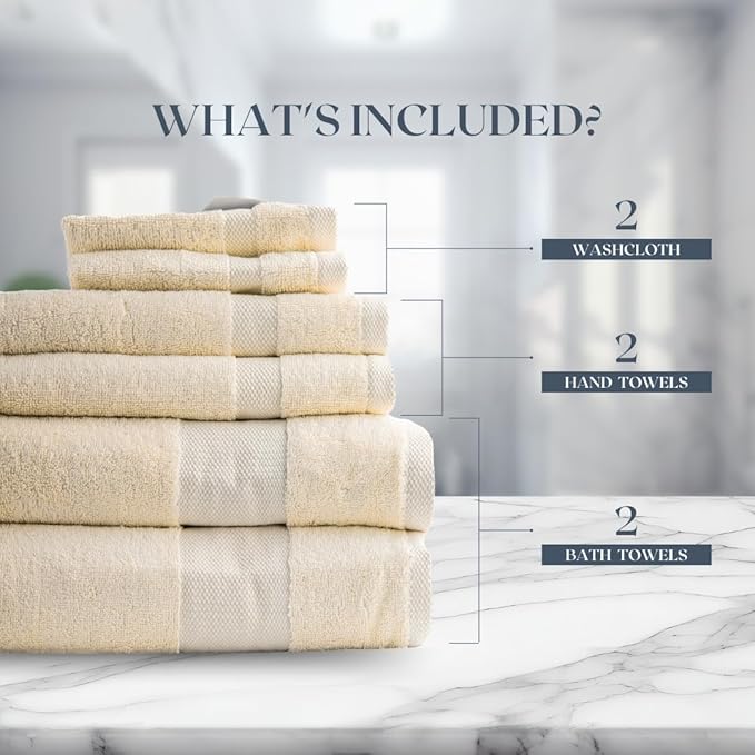 Egyptian Cotton Bathroom Towel Set - 6 Piece | Ultra Soft 100% 600 GSM Towels | 2 Bath, 2 Hand, 2 Washcloths | Quick Dry, Durable for Home, Spa, Gym | Premium Large Towel Set (Off White)
