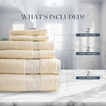 Egyptian Cotton Bathroom Towel Set - 6 Piece | Ultra Soft 100% 600 GSM Towels | 2 Bath, 2 Hand, 2 Washcloths | Quick Dry, Durable for Home, Spa, Gym | Premium Large Towel Set (Off White)