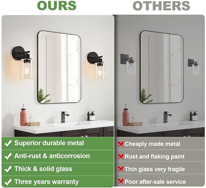 Set of 2 Wall Sconces for Bathroom,Black Modern Vanity Lights with Clear Glass Shade,Bathroom Wall Lamp for Mirror Kitchen Living Room Hallway Cabinet Porch