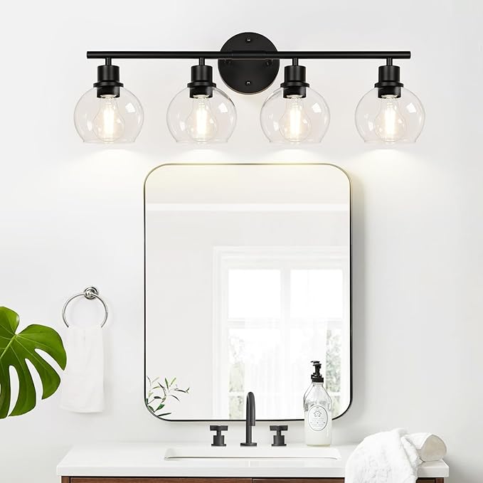 2025 Upgrade 4-Light Bathroom Light Fixtures, Black Bathroom Lights Over Mirror with Clear Glass Globe Shade, Vanity Lights for Bathroom Kitchen Living Room Hallway Cabinet Bedroom Porch