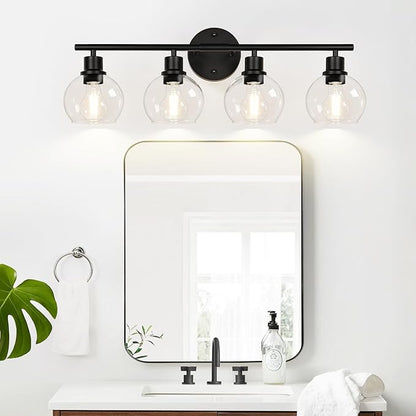 2025 Upgrade 4-Light Bathroom Light Fixtures, Black Bathroom Lights Over Mirror with Clear Glass Globe Shade, Vanity Lights for Bathroom Kitchen Living Room Hallway Cabinet Bedroom Porch
