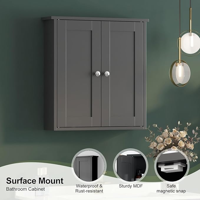 Black Bathroom Wall Cabinet,Medicine Cabinet Over Toilet,Bathroom Cabinet Wall Mounted with Shelves,Surface Mount Medicine Cabinet for Laundry Room,Kitchen,Storage Cabinet 22x23