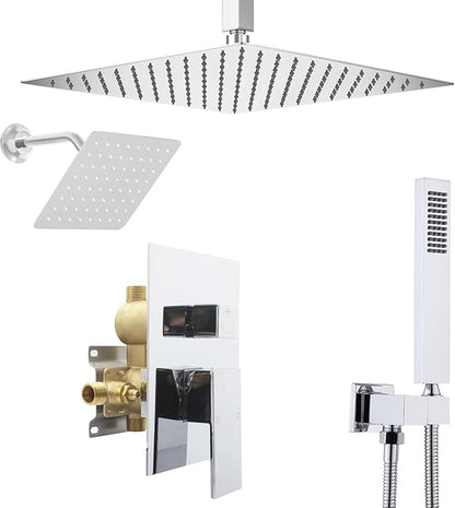 Shower System Dual Shower Heads with 12" Ceiling Mounted Rain Shower Head & 6" Wall Mounted Head Full Body Luxury Rain Shower System 3 Way Pressure Balance Valve Kit, Polished Chrome