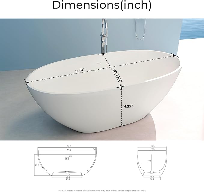 Upgraded 61" Solid Surface Freestanding Bathtub, Oval Stone Resin Tub with Overflow and Pop-up Drain, Matte White