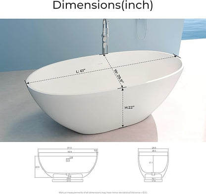 Upgraded 61" Solid Surface Freestanding Bathtub, Oval Stone Resin Tub with Overflow and Pop-up Drain, Matte White