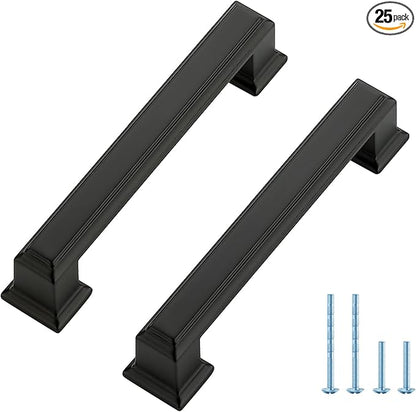 Ravinte Hardware 25 Pack Matte Black Cabinet Pulls, 3-3/4 Inch (96mm) Hole Center Zinc Alloy Drawer Handles for Kitchen Cabinets, Cupboards, Dressers, Square Solid Metal Hardware