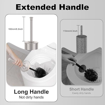 Stain Nickel Toilet Brush and Holder，Extra Long Handled Toilet Brush for Bathroom，Stainless Steel Heavy Duty Toilet Bowl Brush,Removable Inner Bowl,Deep Cleaning Dense Bristles Brush -Space Saving