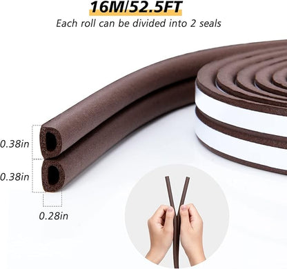 SUNMON Weather Stripping Door Seal Strip, 52.5Feet (16M) D-Type Door Soundproofing, Self Adhesive Foam Weatherstrip for Door and Window (Brown)