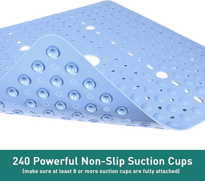 Large Light Blue Square Shower Mat Non Slip 27 x 27 Inch, Soft Bath Mat Tub Mat for Inside Shower Floor, Anti Slip Shower Stall Mats With Big Suction Cups Drain Hole, Easy Washable, BPA-Free