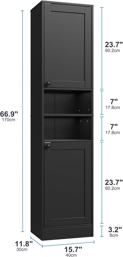67" Tall Bathroom Cabinet with 2 Doors, Narrow Freestanding Floor Cabinet, Slim Storage Unit with Adjustable Shelves for Bathroom, Living Room, Entryway, Kitchen, Black