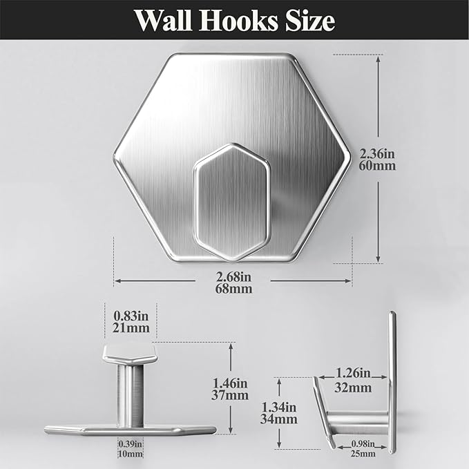 Adhesive Towel Hooks Heavy Duty Wall hooks Waterproof Stainless Steel Shower Rack for Coat, Key, Hat, Robe, Clothes, Picture Hanging Towel Hooks for Bathrooms Kitchen Door (2-Pack, Brushed Silver)