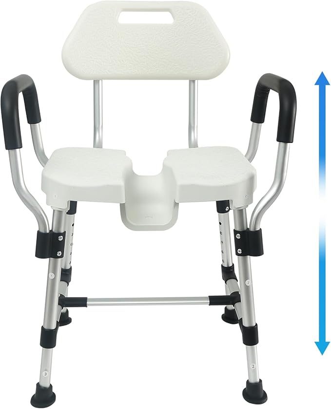 U-Shaped Shower Chair for Inside Shower, Heavy Duty Triple-Bar Base Reinforcement, with Arm and Back for Elderly and Disabled, Adjustable Height, Effortless Personal Hygiene Access