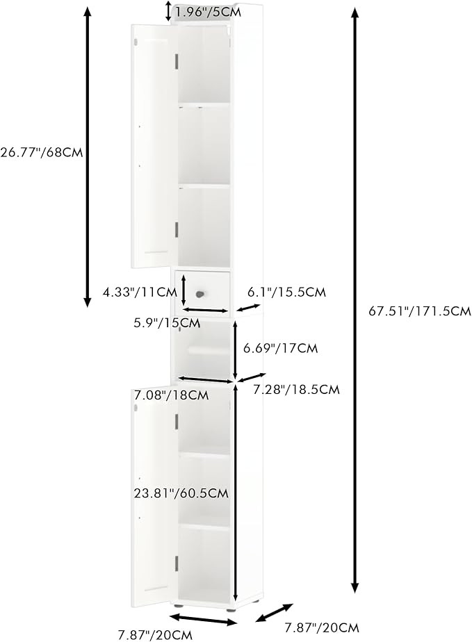 Tall Bathroom Storage Cabinet with Adjustable Shelves,66.92" H Slim 1-Door Freestanding Cabinet for Small Spaces, Bathroom,Kitchen, Living Room,White (Narrow)