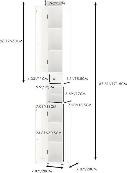 Tall Bathroom Storage Cabinet with Adjustable Shelves,66.92" H Slim 1-Door Freestanding Cabinet for Small Spaces, Bathroom,Kitchen, Living Room,White (Narrow)