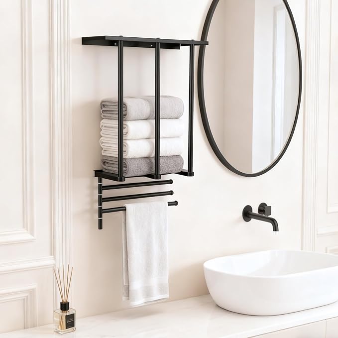 3-Tier Wall Mounted Towel Rack, Bathroom Storage Shelf with Towel Bar, Heavy-Duty Metal Organizer in Matte Black for Bathroom and Powder Room Storage and Organizer