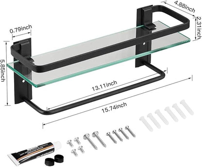 VOLPONE Bathroom Glass Shelf with Towel Bar Black Bathroom Shelf Wall Mount Rustproof Bathroom Wall Organizer Towel Rails1 Tier (Black)