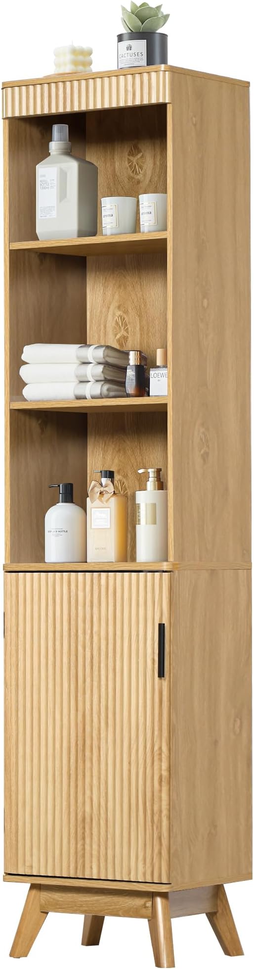 68" Tall Bathroom Storage Cabinet,Narrow Fluted Tower Cabinet with Door and Shelves,Slim Space Saving Storage Unit for Bathroom Kitchen Living Room (Natural, 11.8" D x 15.75" W x 68" H)