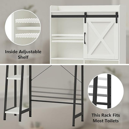 Vabches Over The Toilet Storage Cabinet, Farmhouse Storage Cabinet Over Toilet with Sliding Door & Toilet Paper Holder Stand, Home Space-Saving Toilet Rack for Bathroom, Restroom