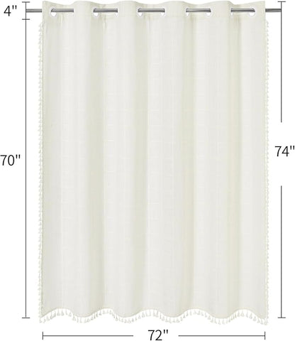 MitoVilla No Hooks Needed Boho Farmhouse Shower Curtain with Snap-in Liner, Cotton Linen Fabric Shower Curtains with Tassels for Rustic Neutral Bathroom Decor, Ivory, 72 x 74