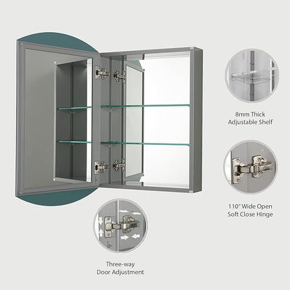 Blossom 20x31 Inch Aluminum Medicine Cabinet with Mirror – Recessed or Surface Wall Mounted Bathroom Storage with Adjustable Glass Shelves, Soft Close Hinges, Rust-Resistant and Modern Mirrored Design
