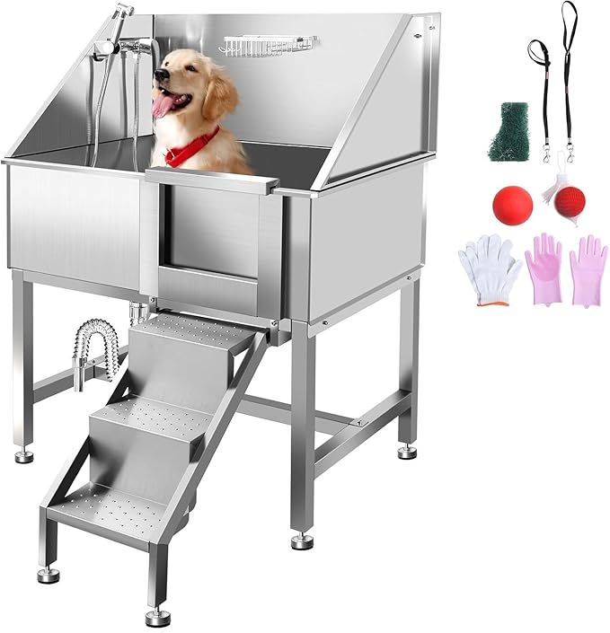 38 Inch Professional Dog Wash Station, Stainless Steel Dog Grooming Tub for Large, Medium & Small Pets - with Anti-Slip Stairs, Drain & Door, Silver