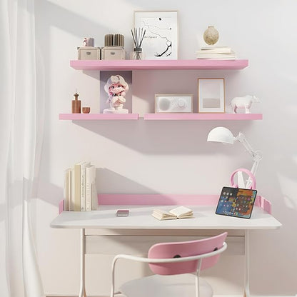 SAUMONIERES Floating Wall Shelves for Bedroom Bathroom Wall Mounted Solid Wood Shelf 24 Inch Set of 3, Pink Floating Shelves