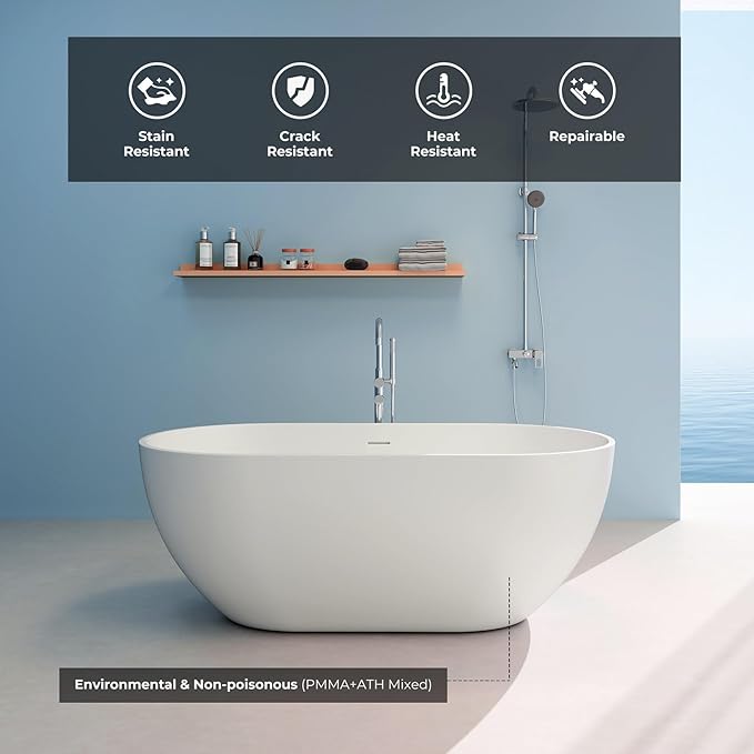 Premium 59" Solid Surface Freestanding Bathtub, Upgraded Oval Stone Resin Tub with Overflow and Pop-up Drain, Matte White