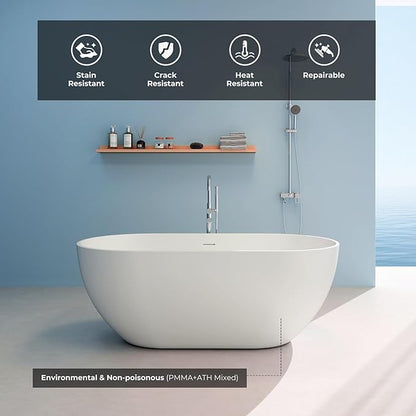 Premium 59" Solid Surface Freestanding Bathtub, Upgraded Oval Stone Resin Tub with Overflow and Pop-up Drain, Matte White