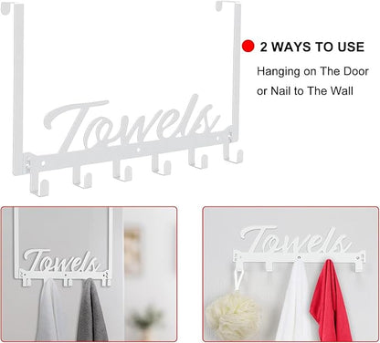 Over The Door Hooks - Wall Mount Towel Hanger with 6 Hooks for Bedroom Bathroom Kitchen Towels, Bag, Coats, Hats - White