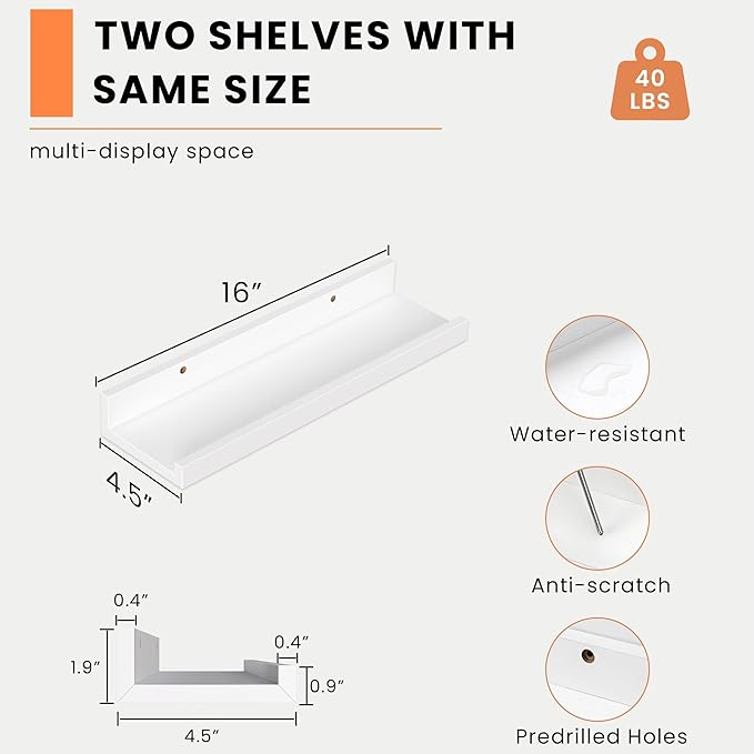 Heimlove Picture Ledge Shelf, Floating Shelves Set of 2, 16 Inch - White