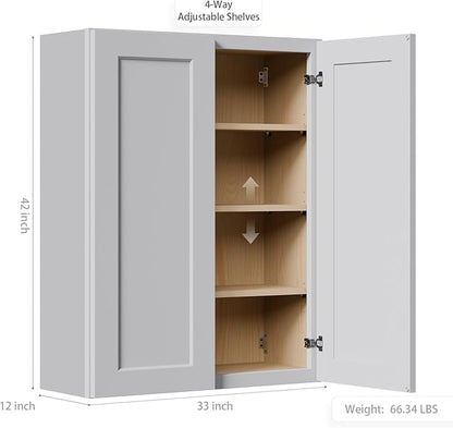 33 Inch Laundry Room Cabinets Wall Mounted, Solid Wood Over The Toilet Storage Cabinet, Bathroom Organizer Cabinets with 2 Door & 3 Shelves, Easy to Assemble for Kitchen, Garage - Light Gray
