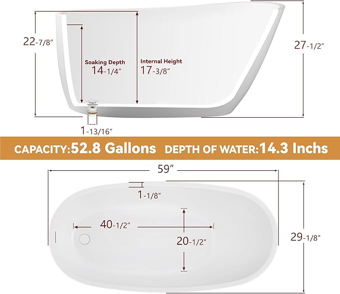 59" Free Standing Tub, Pure Acrylic Freestanding Bathtub, Stylish Stand Alone Contemporary Deep Soaking Bath Tub, cUPC Certified SY9950 (Glossy White)
