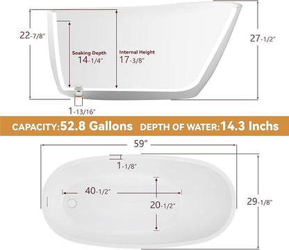 59" Free Standing Tub, Pure Acrylic Freestanding Bathtub, Stylish Stand Alone Contemporary Deep Soaking Bath Tub, cUPC Certified SY9950 (Glossy White)