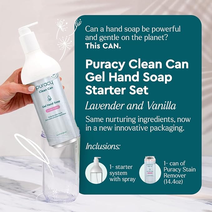 Puracy Gel Hand Soap Clean Can Starter Set - Plant-Powered Natural Hand Soap As Seen on TikTok, Non-Toxic, Sulfate-Free Liquid Gel Handwash (Lavender & Vanilla, 14.4 fl oz)
